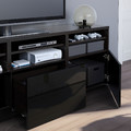BESTÅ TV storage combination/glass doors, black-brown/Selsviken high-gloss/black clear glass, 180x42x192 cm