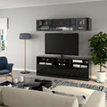 BESTÅ TV storage combination/glass doors, black-brown/Selsviken high-gloss/black clear glass, 180x42x192 cm