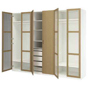 PAX / TONSTAD Wardrobe combination, white/oak veneer glass, 300x60x236 cm