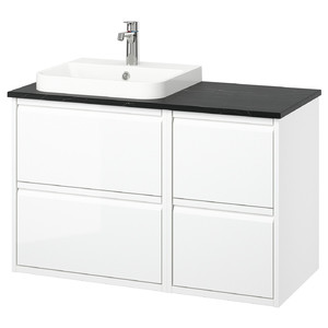 ÄNGSJÖN / BACKSJÖN Wash-stand/wash-basin/tap, high-gloss white/black marble effect, 102x49x71 cm