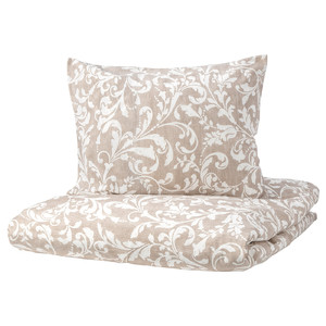 VÅRBRÄCKA Quilt cover and pillowcase, beige, white, 150x200/50x60 cm