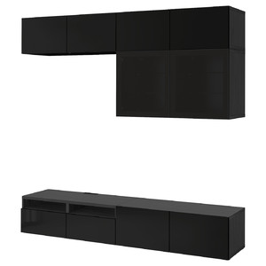BESTÅ TV storage combination/glass doors, black-brown/Selsviken high-gloss/black smoked glass, 240x42x231 cm
