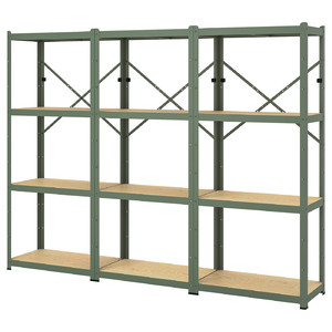 BROR Shelving unit, grey-green/pine plywood, 254x40x190 cm