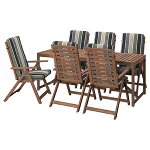 NÄMMARÖ Table+6 reclining chairs, outdoor, light brown stained/Frösön/Duvholmen stripe pattern, 200 cm