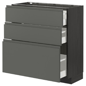 METOD / MAXIMERA Base cabinet with 3 drawers, black, Voxtorp dark grey, 80x37 cm