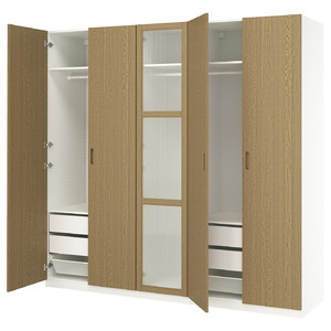 PAX / TONSTAD Wardrobe combination, white/oak veneer glass, 250x60x236 cm