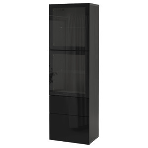 BESTÅ Storage combination w glass doors, black-brown/Selsviken high-gloss/black clear glass, 60x42x193 cm