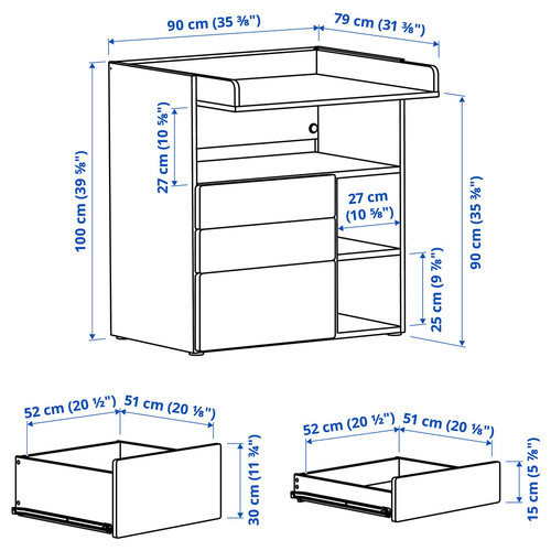 SMÅSTAD Changing table, white with frame/with 3 drawers, 90x79x100 cm