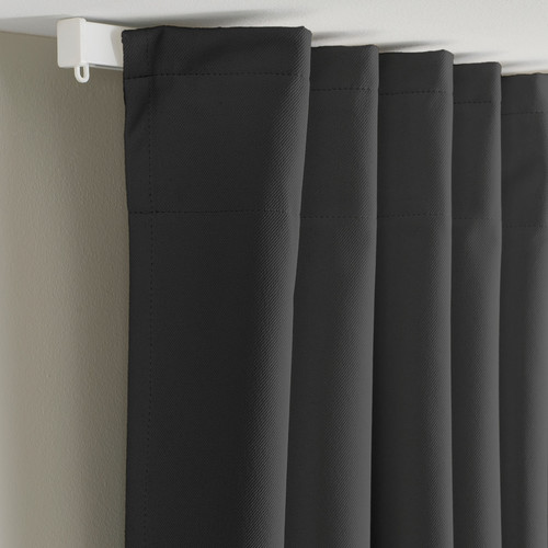 KORGMOTT Block-out curtains, 1 pair, dark grey/with heading tape, 145x300 cm