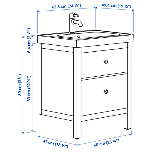 HEMNES / ORRSJÖN Wash-stnd w drawers/wash-basin/tap, white, 62x49x89 cm