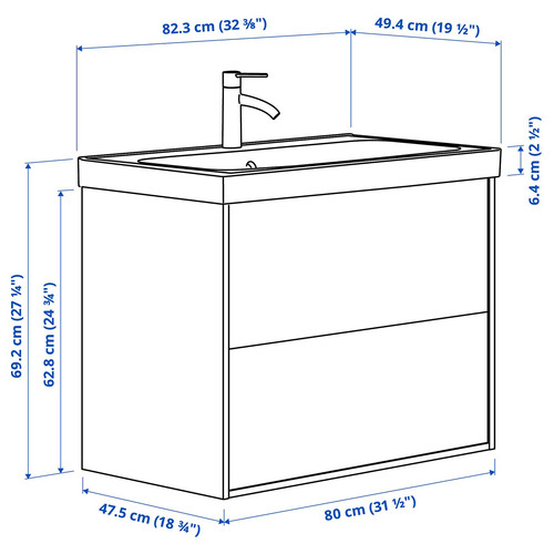 ÄNGSJÖN / ORRSJÖN Wash-stnd w drawers/wash-basin/tap, brown oak effect, 82x49x69 cm