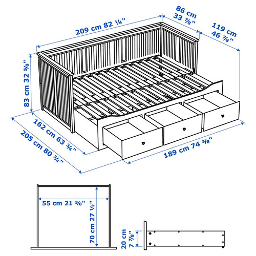 HEMNES Day-bed w 3 drawers/2 mattresses, grey/Åfjäll medium firm, 80x200 cm