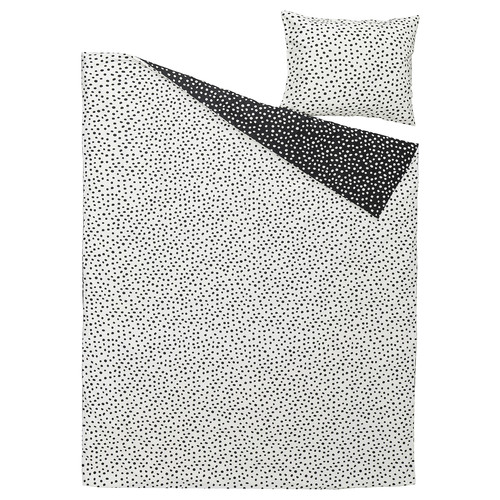 BJÖRKGRÅMAL Duvet cover and pillowcase, black white/dotted, 150x200/50x60 cm