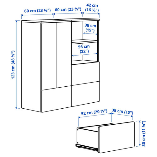 SMÅSTAD / PLATSA Storage combination, white black/white/stripe with 3 drawers, 120x42x123 cm