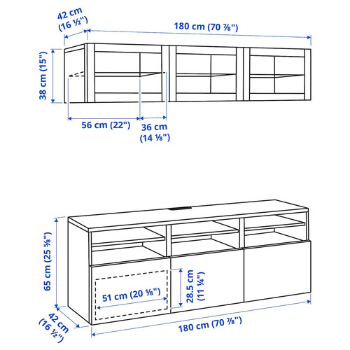 BESTÅ TV storage combination/glass doors, black-brown/Selsviken high-gloss/black clear glass, 180x42x192 cm