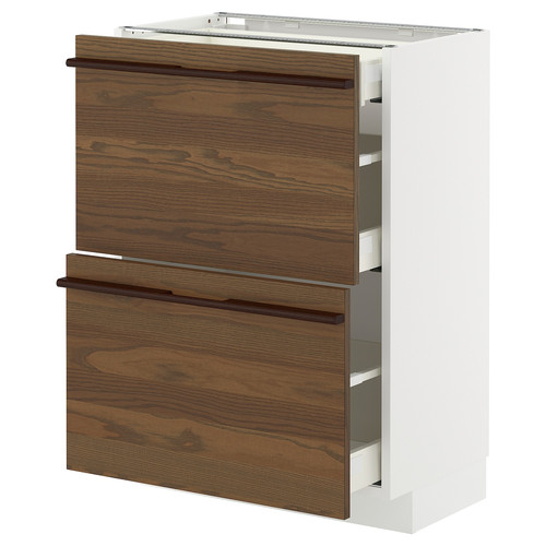 METOD / MAXIMERA Base cab with 2 fronts/3 drawers, white/Stensta dark brown ash veneer, 60x37 cm