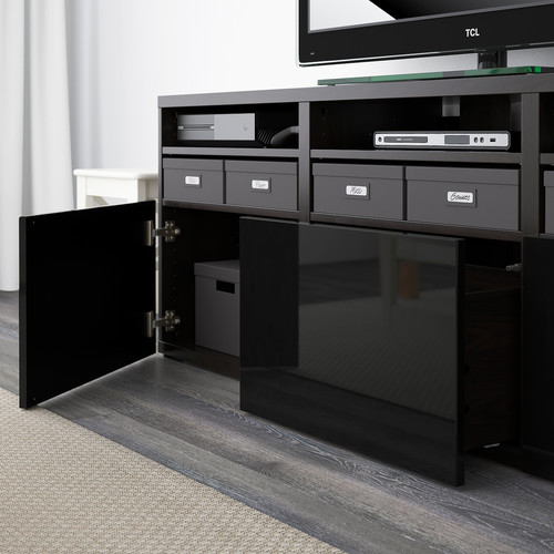 BESTÅ TV storage combination/glass doors, black-brown/Selsviken high-gloss/black clear glass, 180x42x192 cm