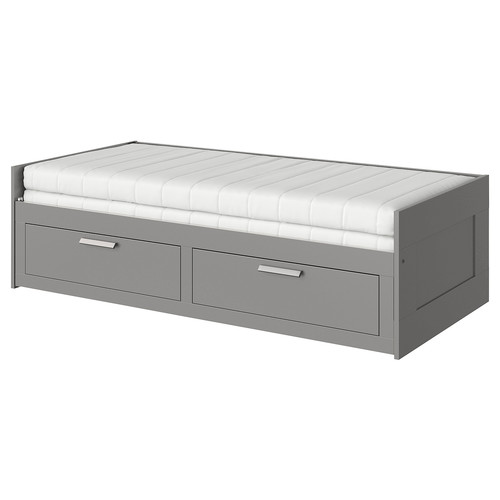 BRIMNES Day-bed w 2 drawers/2 mattresses, grey/Åfjäll medium firm, 80x200 cm
