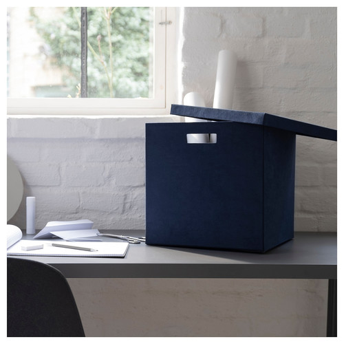 GJÄTTA Storage box with lid, velvet dark blue, 32x35x32 cm