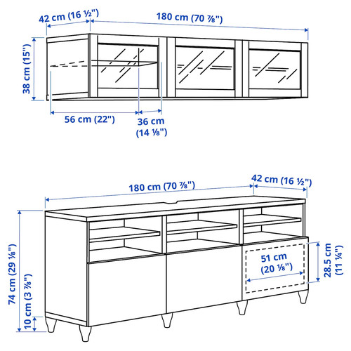 BESTÅ TV storage combination/glass doors, white/Smeviken/Kabbarp white clear glass, 180x42x192 cm