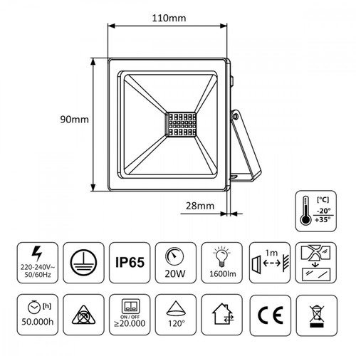 MacLean LED Slim Floodlight 20W 1600lm IP65 MCE520 WW