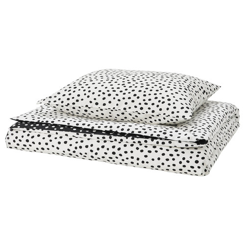 BJÖRKGRÅMAL Duvet cover and pillowcase, black white/dotted, 150x200/50x60 cm