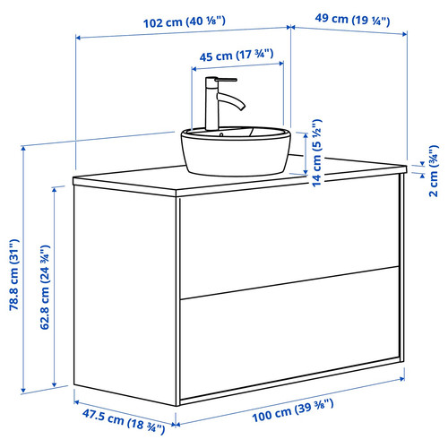 HAVBÄCK / TÖRNVIKEN Wash-stnd w drawers/wash-basin/tap, beige/black marble effect, 102x49x79 cm