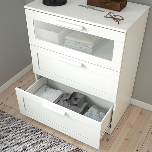 BRIMNES Chest of Drawers, 3 drawers, white/frosted glass, 78x95 cm