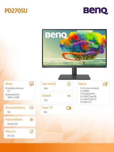 BenQ 27" Monitor LED 5ms QHD IPS HDMI DP USB PD2705U