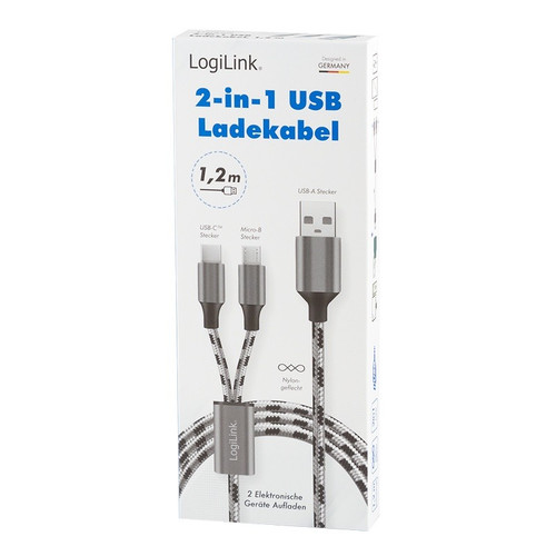 LogiLink USB2.0 cable, A/M to micro-USB + USB-C, 1.2m