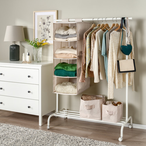 PURRPINGLA Hanging storage w 4 compartments, textile/beige, 36x45x92 cm