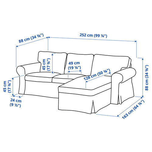 EKTORP 3-seat sofa with chaise longue, Kilanda dark blue