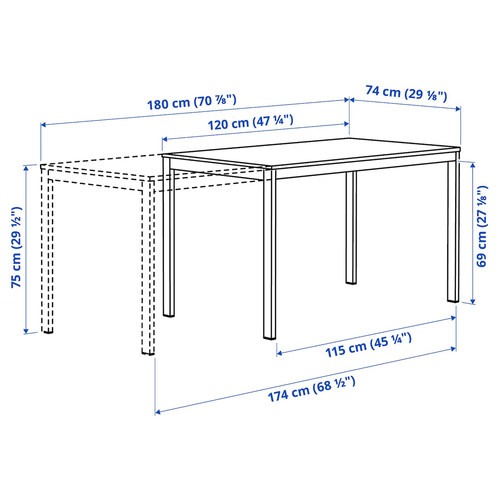 VIHALS Extendable table, white, 120/180x74 cm