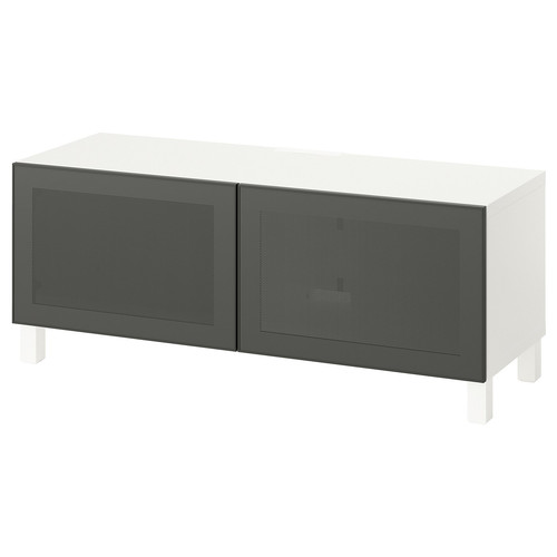 BESTÅ TV bench with doors, white Mörtviken/Stubbarp/dark grey, 120x42x48 cm