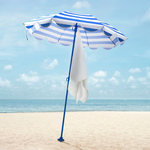 STRANDÖN Parasol, blue/white, 140 cm