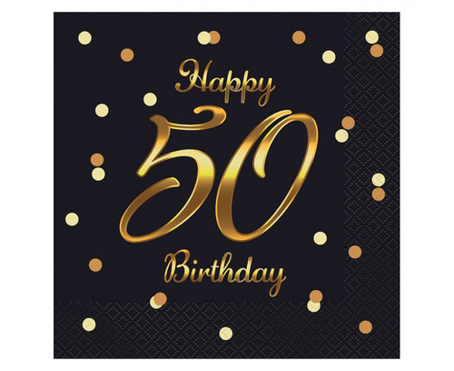 Napkins Happy 50 Birthday, black/gold, 33x33cm, 20pcs