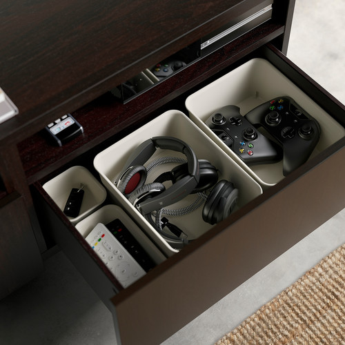 BESTÅ TV storage combination/glass doors, black-brown/Selsviken high-gloss/black smoked glass, 240x42x231 cm