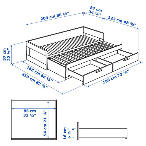 BRIMNES Day-bed w 2 drawers/2 mattresses, white/Åfjäll medium firm, 80x200 cm