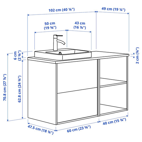 ÄNGSJÖN / BACKSJÖN Wash-stand/wash-basin/tap, brown oak effect/white marble effect, 102x49x71 cm