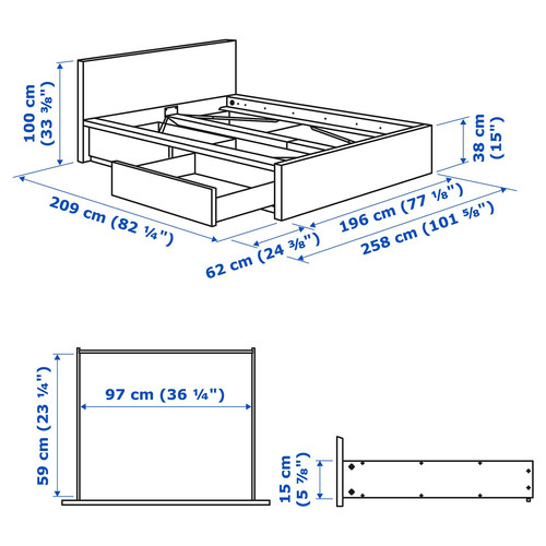 MALM Bed frame, high, w 2 storage boxes, white stained oak veneer, Luröy, 180x200 cm