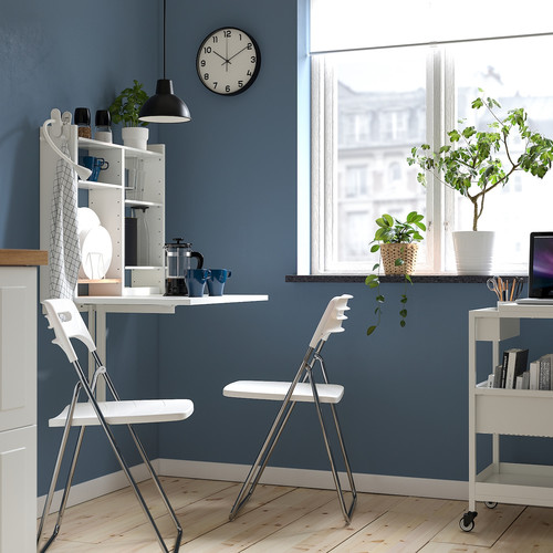 NORBERG Wall-mount drop-leaf tbl w storage, white, 64x60 cm
