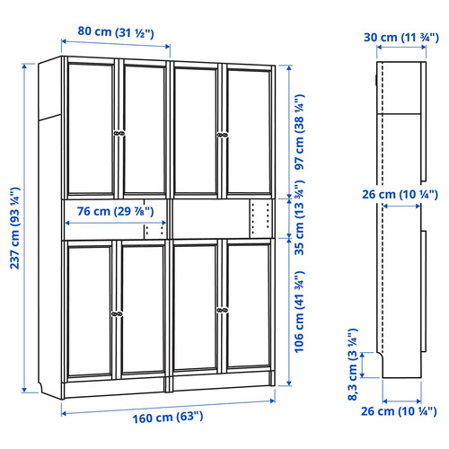 BILLY / OXBERG Bookcase w height extension ut/drs, oak effect, 160x30x237 cm