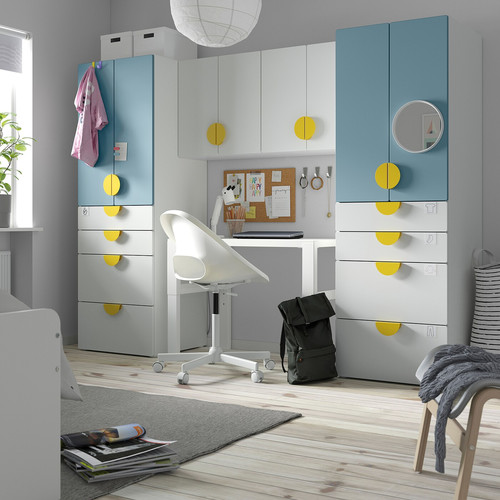 SMÅSTAD / PLATSA Storage combination, white/blue, 240x57x181 cm