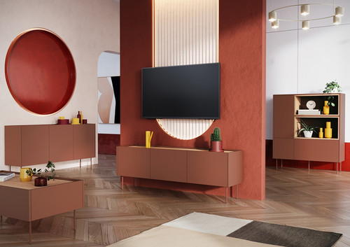 Three-Door TV Cabinet Desin 170, ceramic red/nagano oak