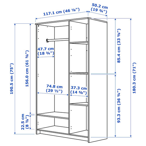 BRIMNES Wardrobe with 3 doors, grey, 117x190 cm