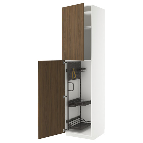 METOD High cabinet with cleaning interior, white/Tistorp brown walnut effect, 60x60x240 cm