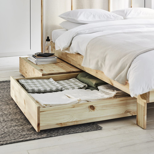 GLAMBERGET Bed frame with storage and mattress, pine/Åkrehamn firm, Standard Single