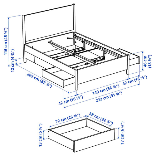 TONSTAD Bedroom furniture, set of 3, incl bed storage/off-white, 140x200 cm