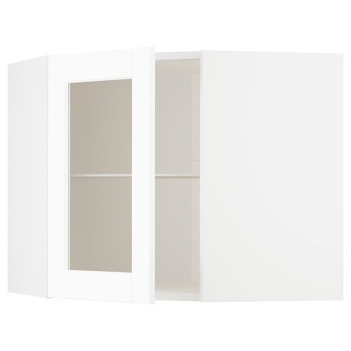 METOD Corner wall cab w shelves/glass dr, white Enköping/white wood effect, 68x60 cm