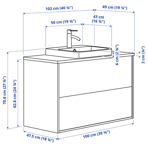 ÄNGSJÖN / BACKSJÖN Wash-stnd w drawers/wash-basin/tap, high-gloss white/black marble effect, 102x49x71 cm